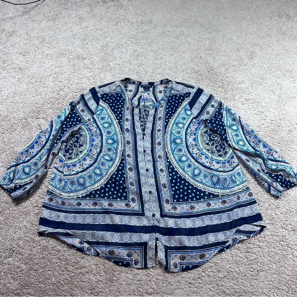 Lucky Brand Tunic Top Blouse Semi-Sheer Paisley Button Up Size M - Picture 1 of 8
